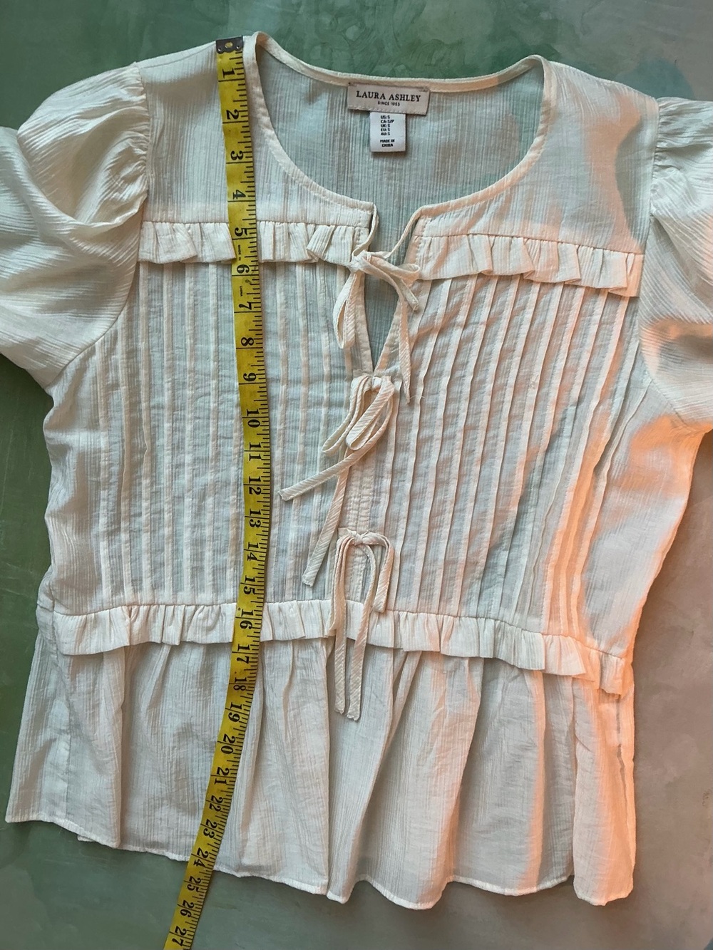Laura Ashley Cream Pintuck Tie-Front Blouse with Ruffle Trim - Picture 3 of 7